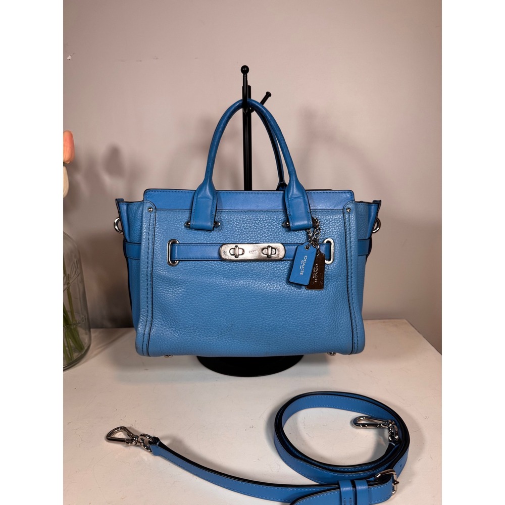 Coach Swagger 27 Blue Pebbled Leather Satchel Crossbody Bag 34816